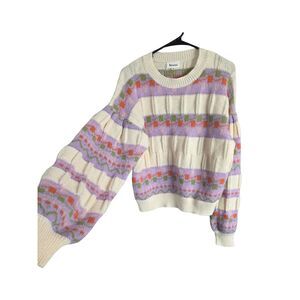 &MERCI Pastel Geometric Chevron Stripe Knit Pullover Sweater Large Puff Sleeve L